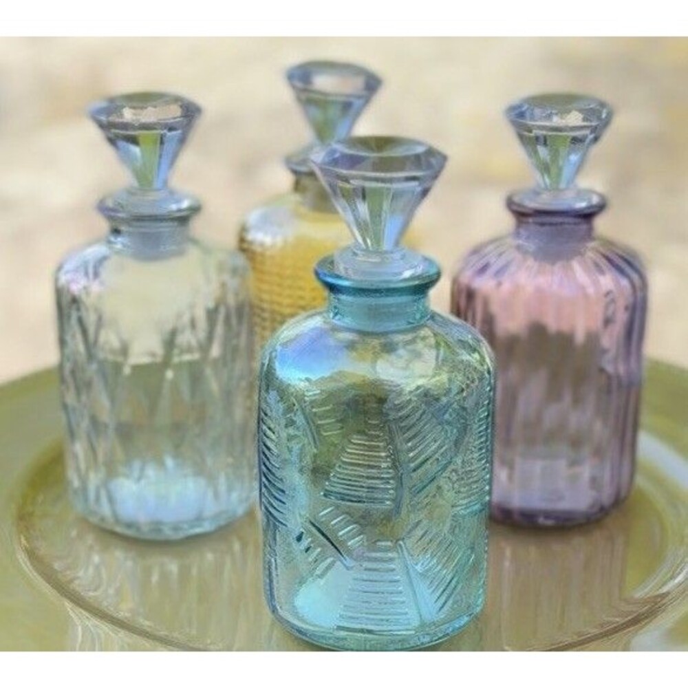 Vintage Style Vanity Set 4 Glass Bottles Multi Color Feminine Jar Set